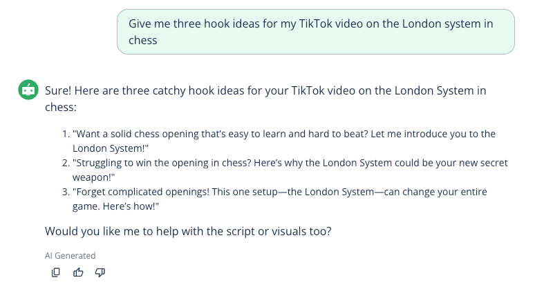 screenshot of AI-generated hooks for TikTok script