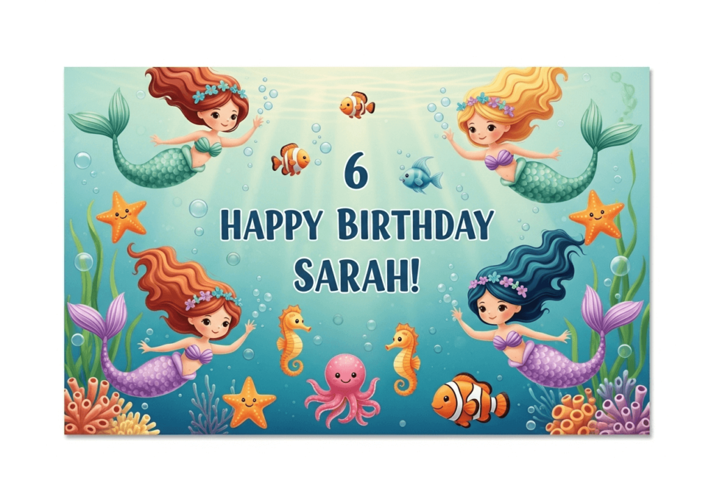 An AI-generated sign for a mermaid-themed child's birthday