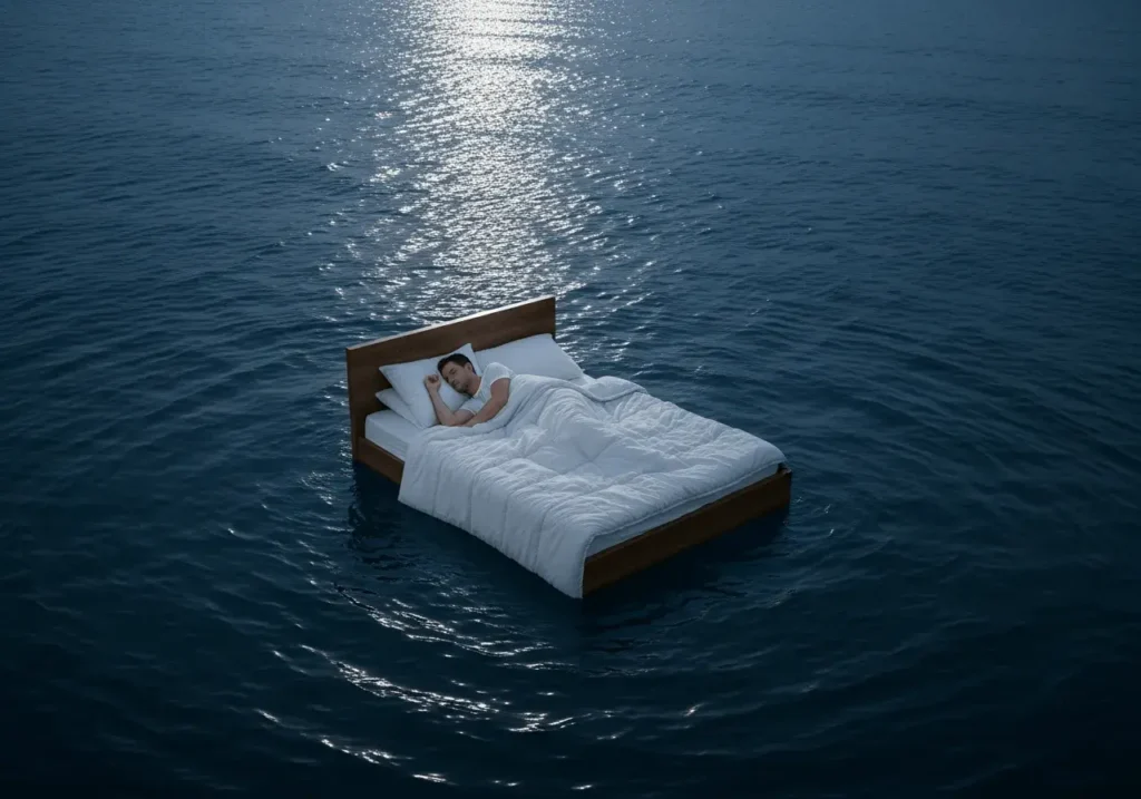 An AI-generated image of a man sleeping on a bed in the middle of the sea