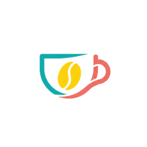 A simple logo showing the outline of a coffee cup in teal and red and a yellow coffee bean