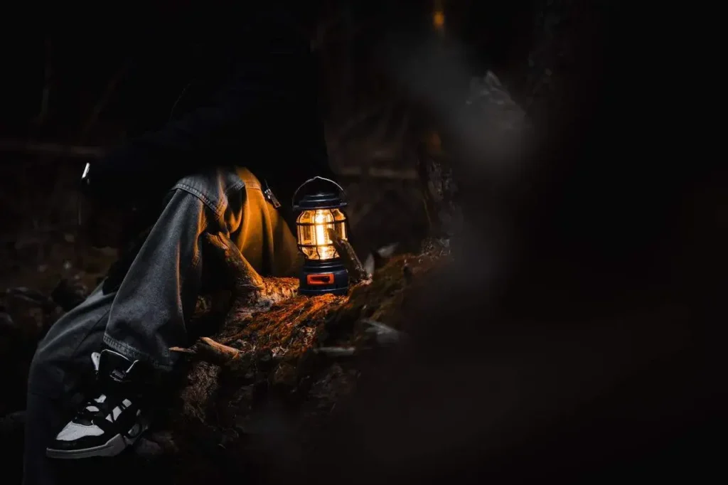 A person with a lantern in a forest