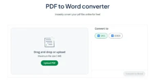 Screenshot of the landing page for QuillBot's PDF to Word Converter. The left panel says "Upload PDF," and the right panel has buttons for "DOC," "DOCX," and "Convert to Word."