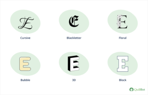 Six different letter E designs, including cursive E. Old English E, floral E, bubble letter E, 3D letter E, and block letter E