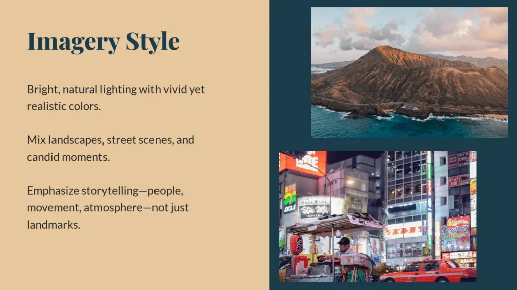 A page from a sample brand kit for a travel content creator showing imagery style