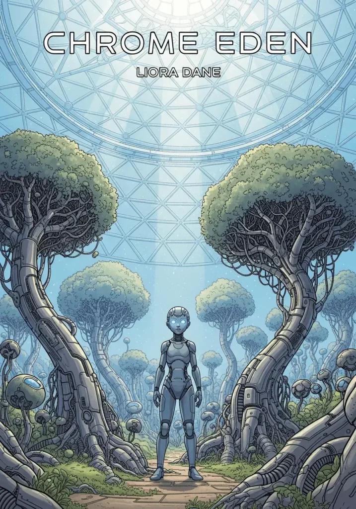 An AI-generated book cover for a comic about androids living in a chrome city
