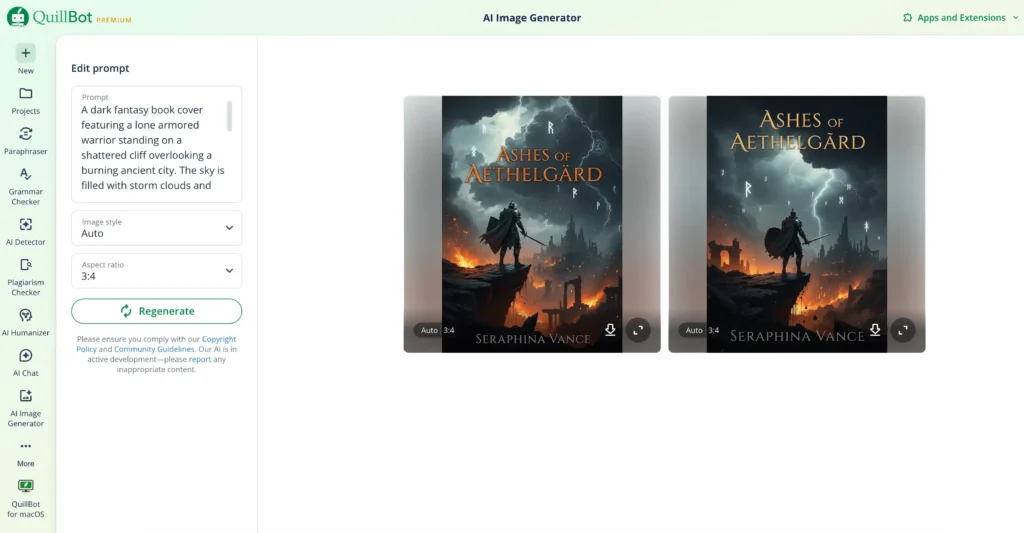 A screenshot of Quillbot's AI Book Cover Generator creating a book cover from a text prompt