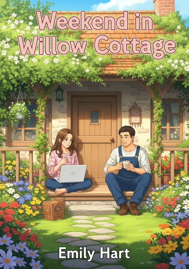 An AI-generated book cover for a romance book about a stressed out writer and the gardener at the cottage she rents