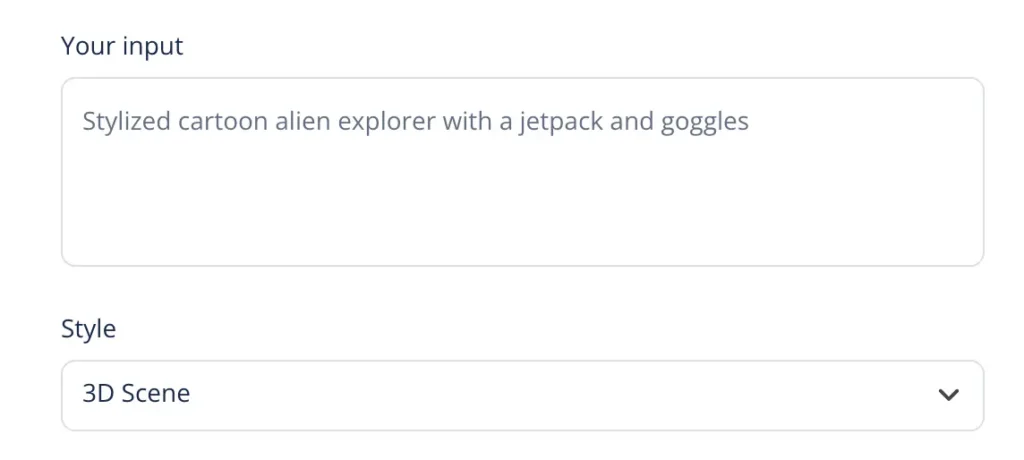 3d character creator input text field and style dropdown menu